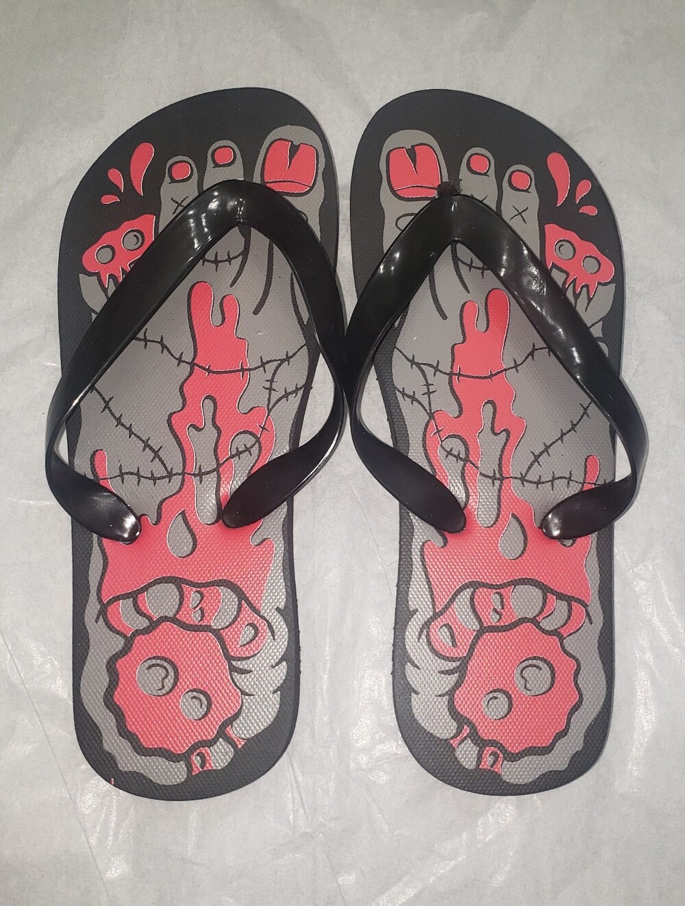 Sourpuss Zombie Monster Flip Flops in Black w Stitched Feet & Bloody Amputations